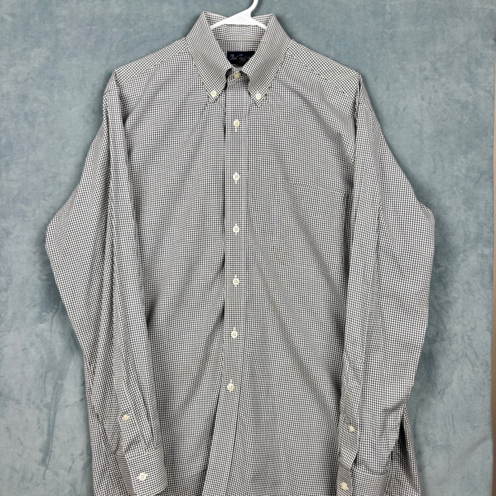 Paul Fredrick Mens Black White Micro Check Cotton Button Down Shirt 15.5-33